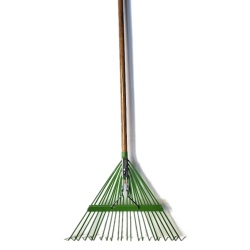 Leaf rake 22 metal tines 21 inch wide 64 inch wood handle