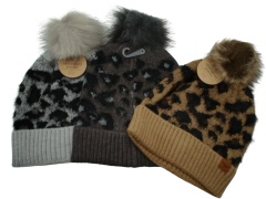 Ladies Toque Snow Leopard W/Pom Assorted